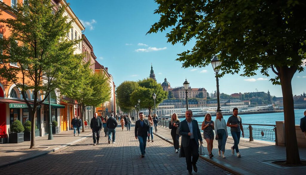 A picturesque street view of Stockholm showcasing its charming architecture and vibrant urban life. In the foreground, a cobblestone path lined with colorful buildings and lush green trees invites leisurely strolls. In the middle ground, pedestrians enjoy their walks, some in professional business attire and others in modest casual clothing, with a few stopping to admire local shops and cafes. The background features iconic Stockholm landmarks, such as the Royal Palace and the serene waterfront under a clear blue sky. The scene is bathed in soft, warm lighting to evoke a welcoming atmosphere, shot with a Sony A7R IV at 70mm, clearly focused and sharply defined, enhanced with a polarized filter for vivid colors and contrast.