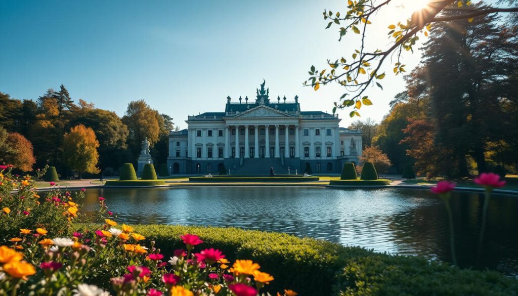 A picturesque view of Drottningholm Palace, capturing its stunning baroque architecture surrounded by lush greenery in early autumn. The foreground features colorful seasonal flowers and manicured hedges, while the centerpiece is the grand façade of the palace, with its intricate details and elegant sculptures. In the background, soft, diffused sunlight filters through the trees, illuminating the palace against a clear blue sky. A serene lake reflects the palace and the vibrant surroundings, enhancing the tranquil atmosphere. The image is shot with a Sony A7R IV at 70mm, providing a sharp focus and a sense of depth. The mood conveys a sense of peace and beauty, ideal for showcasing the best time to visit the UNESCO World Heritage site.