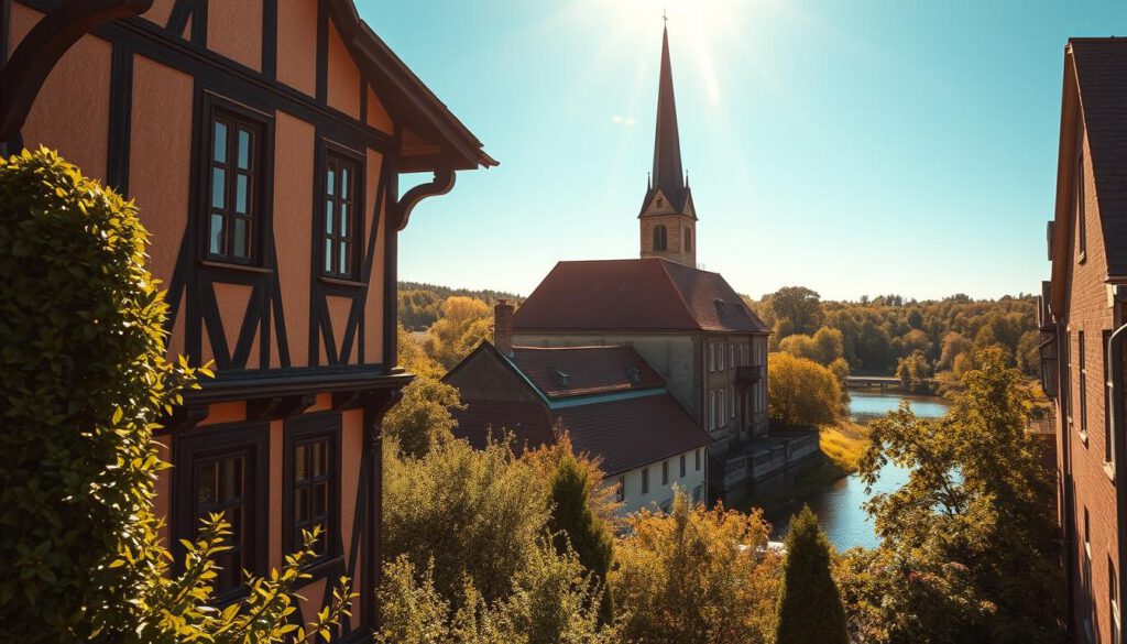 A picturesque view of Falkenberg, showcasing its historic landmarks. In the foreground, a beautifully preserved medieval building with timber framing and ornate detailing, surrounded by lush greenery. In the middle ground, the iconic Falkenberg Church stands tall, its spire reaching towards a clear blue sky. Further behind, the serene Ätran river flows gently, reflecting the sunlight. The atmosphere is tranquil and inviting, perfect for capturing a sense of nostalgia. The scene is bathed in warm, golden sunlight, creating soft shadows and highlighting the intricate architecture. Shot with a Sony A7R IV at 70mm, the image is clearly focused, with vivid colors and a polarized filter enhancing the beauty of Falkenberg.