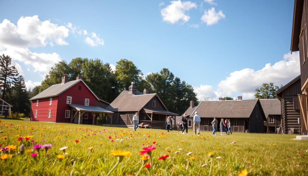 A picturesque view of Freilichtmuseum Murberget, showcasing its collection of historical Swedish buildings in a scenic outdoor setting. In the foreground, a well-maintained grassy area dotted with vibrant wildflowers leads to traditional wooden structures, such as a red-painted farmhouse and a charming timber barn. In the middle ground, visitors dressed in modest casual clothing explore the museum, engaging with the exhibits. The background features lush, green trees and a bright blue sky with soft, fluffy clouds, creating a tranquil atmosphere. The scene is illuminated by warm, natural sunlight, captured with a Sony A7R IV at 70mm, ensuring a clearly focused and sharply defined image, utilizing a polarized filter for enhanced color vibrancy and clarity. The mood is serene and inviting, perfect for showcasing this cultural landmark. A picturesque view of Freilichtmuseum Murberget, showcasing its collection of historical Swedish buildings in a scenic outdoor setting. In the foreground, a well-maintained grassy area dotted with vibrant wildflowers leads to traditional wooden structures, such as a red-painted farmhouse and a charming timber barn. In the middle ground, visitors dressed in modest casual clothing explore the museum, engaging with the exhibits. The background features lush, green trees and a bright blue sky with soft, fluffy clouds, creating a tranquil atmosphere. The scene is illuminated by warm, natural sunlight, captured with a Sony A7R IV at 70mm, ensuring a clearly focused and sharply defined image, utilizing a polarized filter for enhanced color vibrancy and clarity. The mood is serene and inviting, perfect for showcasing this cultural landmark.