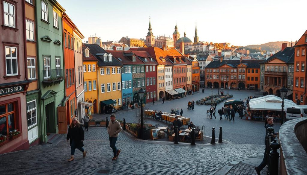 A picturesque view of Gamla Stan, Stockholm's historic old town, during early morning light. In the foreground, cobblestone streets wind through vibrant buildings adorned with colorful façades and traditional Swedish architecture. A few locals, dressed in modest casual clothing, walk leisurely, taking in the scenery. The middle ground features iconic landmarks like the Nobel Museum and Stortorget, the main square bustling with small cafes and market stalls. In the background, soft golden rays illuminate the surrounding buildings, creating a warm and inviting atmosphere. Capture the scene with a Sony A7R IV at 70mm, ensuring sharp focus and clarity, enhanced by a polarized filter to accentuate the colors and details of this enchanting area. The mood is lively yet serene, inviting exploration and discovery.