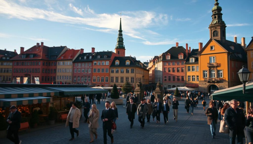 A picturesque view of Gamla Stan, Stockholm's historic old town, showcasing iconic landmarks such as the Royal Palace and Stortorget Square. In the foreground, cobblestone streets adorned with charming cafes and shops, with pedestrians dressed in smart casual attire exploring their surroundings. The middle ground features vibrant, colorful buildings reflecting traditional Swedish architecture, their warm hues glowing in the soft afternoon light. In the background, a clear blue sky adds to the serene atmosphere, with wisps of clouds gently drifting. Shot with a Sony A7R IV at 70mm, the image is sharply focused and clearly defined, enhanced by a polarized filter to deepen the colors and contrast, inviting viewers to immerse themselves in the rich history and culture of this enchanting area.