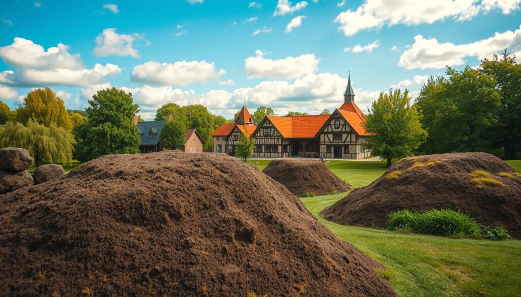 A picturesque view of Gamla Uppsala, showcasing the iconic burial mounds of the Viking Kings surrounded by lush greenery. In the foreground, the ancient mounds rise gracefully, their earthy textures rich and inviting. In the middle, quaint historical buildings stand, with their traditional Nordic architecture, evoking a sense of history and myth. The background features a clear blue sky with soft clouds, the sunlight filtering through to create a warm, inviting atmosphere. The composition is captured using a Sony A7R IV at 70mm, with a sharp focus on the mounds and rich details in the buildings. The scene conveys a sense of wonder and exploration, echoing the deep historical significance of the site, complete with vibrant colors enhanced by a polarized filter.