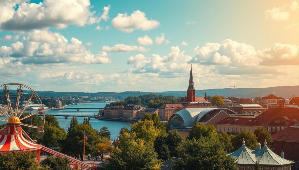 A picturesque view of Göteborg's top attractions, featuring the iconic Liseberg amusement park in the foreground, with its vibrant rides and lush gardens. In the middle ground, highlight the majestic Göta älv river, reflecting the colorful architecture of nearby historic buildings, including the Göteborg Opera House and the Fish Church. The background showcases the stunning Älvsborg Fortress on the horizon, surrounded by a serene blue sky dotted with fluffy white clouds. The scene is bathed in warm, golden sunlight, creating a welcoming atmosphere. Captured with a Sony A7R IV at 70mm, ensuring sharp focus and rich detail, enhanced with a polarized filter to deepen colors and contrast, evoking a sense of exploration and wonder.