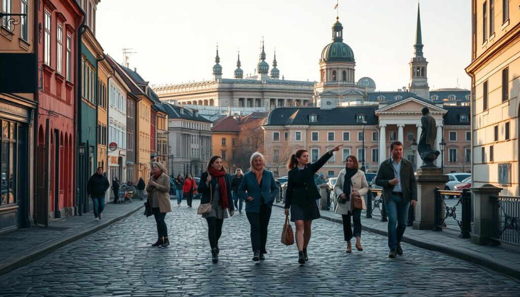 A picturesque view of Stockholm's famous landmarks, capturing the essence of a delightful city walk. In the foreground, a cobblestone street lined with charming historic buildings, some showcasing colorful facades. In the middle ground, a group of people dressed in smart casual attire, leisurely walking and exploring the sights, with one pointing towards a striking view. The background features iconic structures like the Royal Palace and the spires of the City Hall glinting in the warm, golden light of a late afternoon sun. The atmosphere is lively yet serene, evoking a sense of wonder and exploration. Shot with a Sony A7R IV at 70mm, the image is sharply defined with a polarized filter to enhance details and colors.