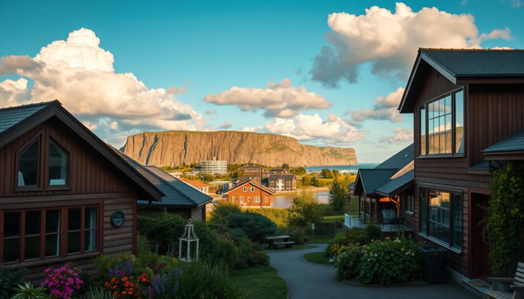 A picturesque view of accommodations in Härnösand, Sweden, featuring cozy guesthouses and modern lodgings nestled along the scenic coastline. In the foreground, quaint wooden cottages with traditional Scandinavian architecture showcase large windows, surrounded by lush greenery and vibrant flower gardens. The middle ground captures a small cluster of contemporary hotels with stunning glass facades, reflecting the nearby water. In the background, majestic cliffs of the Höga Kusten rise dramatically against a clear blue sky with fluffy white clouds. The scene is bathed in warm golden hour lighting, creating a serene and inviting atmosphere. Shot on a Sony A7R IV at 70mm, the image is sharply defined with a polarized filter enhancing colors and reducing glare, perfectly capturing the essence of this charming destination. A picturesque view of accommodations in Härnösand, Sweden, featuring cozy guesthouses and modern lodgings nestled along the scenic coastline. In the foreground, quaint wooden cottages with traditional Scandinavian architecture showcase large windows, surrounded by lush greenery and vibrant flower gardens. The middle ground captures a small cluster of contemporary hotels with stunning glass facades, reflecting the nearby water. In the background, majestic cliffs of the Höga Kusten rise dramatically against a clear blue sky with fluffy white clouds. The scene is bathed in warm golden hour lighting, creating a serene and inviting atmosphere. Shot on a Sony A7R IV at 70mm, the image is sharply defined with a polarized filter enhancing colors and reducing glare, perfectly capturing the essence of this charming destination.