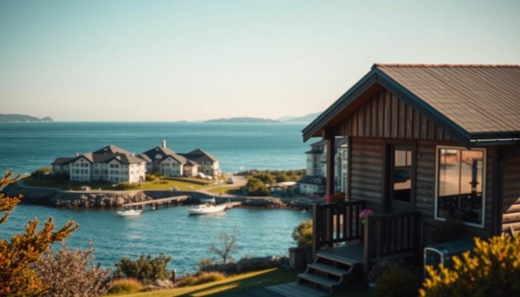 A picturesque view of accommodations in Strömstad, showcasing cozy, inviting buildings nestled along the scenic coastline. In the foreground, a charming wooden cabin with a small porch adorned with colorful flowers. The middle ground features a cluster of modern hotel facilities boasting large windows, reflecting the serene waters and lush greenery. The background reveals a breathtaking seascape with gentle waves and distant islands under a clear blue sky. The lighting is warm and inviting, reminiscent of late afternoon sun, casting soft shadows and enhancing the tranquil atmosphere. Shot on a Sony A7R IV at 70mm, ensuring clear focus and sharp definition with a polarized filter, emphasizing vibrant colors and fine details in this serene coastal retreat setting. A picturesque view of accommodations in Strömstad, showcasing cozy, inviting buildings nestled along the scenic coastline. In the foreground, a charming wooden cabin with a small porch adorned with colorful flowers. The middle ground features a cluster of modern hotel facilities boasting large windows, reflecting the serene waters and lush greenery. The background reveals a breathtaking seascape with gentle waves and distant islands under a clear blue sky. The lighting is warm and inviting, reminiscent of late afternoon sun, casting soft shadows and enhancing the tranquil atmosphere. Shot on a Sony A7R IV at 70mm, ensuring clear focus and sharp definition with a polarized filter, emphasizing vibrant colors and fine details in this serene coastal retreat setting.