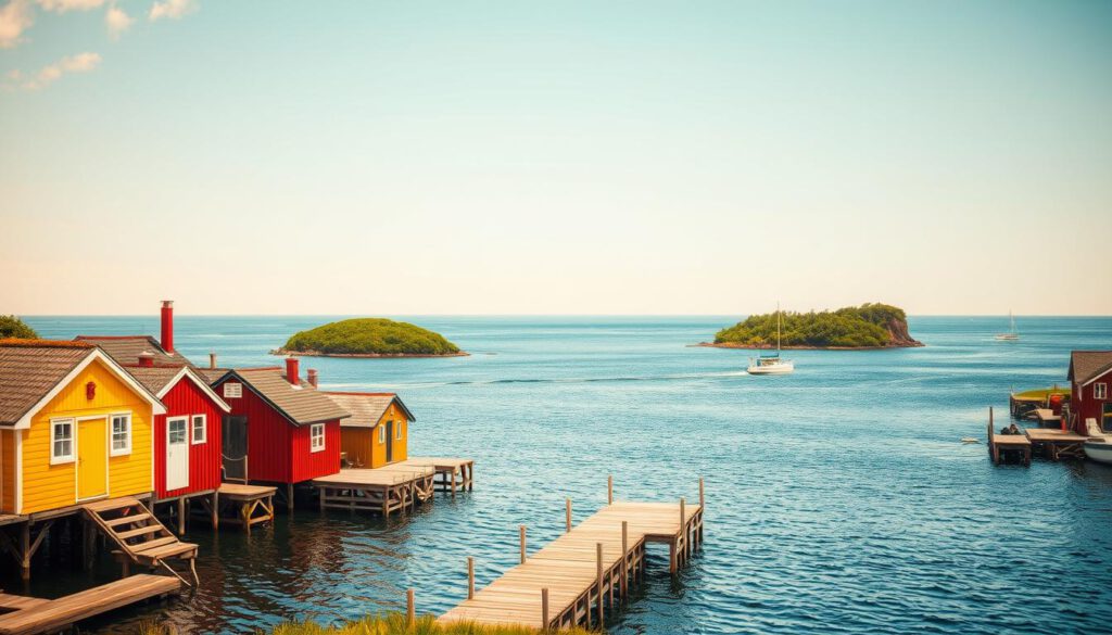 A picturesque view of charming fishermen’s houses nestled in the serene Schärengarten archipelago near Gothenburg, Sweden. In the foreground, small, colorful wooden cottages, painted in warm hues of red and yellow, with wooden docks extending into the calm, blue waters. In the middle ground, lush green islands dot the horizon, surrounded by gentle waves and sailboats gliding lazily. The background features a clear sky, reflecting the soft golden light of a late afternoon sun, creating a tranquil and inviting atmosphere. Captured with a Sony A7R IV at 70mm, the image is sharply defined and clearly focused, utilizing a polarized filter to enhance the vibrant colors and reduce glare.