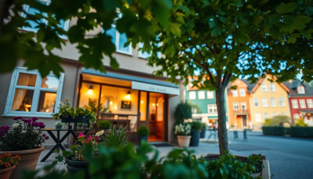 A picturesque view of cozy accommodations in Göteborg, Sweden, showcasing a charming hotel facade surrounded by lush greenery. In the foreground, there are neatly arranged flower pots and a small outdoor seating area with tables and chairs, inviting guests to relax. The middle ground captures the hotel entrance with warm lighting, highlighting the welcoming atmosphere. In the background, traditional Scandinavian architecture with colorful buildings typical of Göteborg can be seen under a bright blue sky. The image is captured with a Sony A7R IV at 70mm, clearly focused and sharply defined using a polarized filter, creating a vibrant yet serene mood, ideal for showcasing the perfect overnight options in the city. A picturesque view of cozy accommodations in Göteborg, Sweden, showcasing a charming hotel facade surrounded by lush greenery. In the foreground, there are neatly arranged flower pots and a small outdoor seating area with tables and chairs, inviting guests to relax. The middle ground captures the hotel entrance with warm lighting, highlighting the welcoming atmosphere. In the background, traditional Scandinavian architecture with colorful buildings typical of Göteborg can be seen under a bright blue sky. The image is captured with a Sony A7R IV at 70mm, clearly focused and sharply defined using a polarized filter, creating a vibrant yet serene mood, ideal for showcasing the perfect overnight options in the city.