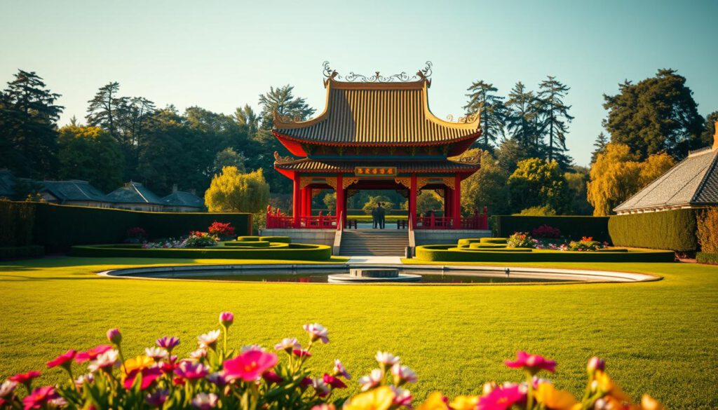 A picturesque view of the Chinese Pavilion in the Drottningholm Palace gardens, featuring the intricately designed building with traditional Chinese architecture, vibrant red and gold colors, and ornate details. In the foreground, lush green lawns and colorful blooming flowers create a serene atmosphere. The middle ground captures the pavilion itself, surrounded by elegantly manicured hedges and reflecting ponds that mirror the structure. In the background, a soft focus of tall trees and distant royal gardens enhances the natural beauty of the scene. The image is captured in warm, golden light, reminiscent of late afternoon sunlight, emphasizing the exquisite craftsmanship and harmony of nature. Shot with a Sony A7R IV at 70mm, the image is sharply defined and clear with a polarized filter, invoking a peaceful, regal mood.