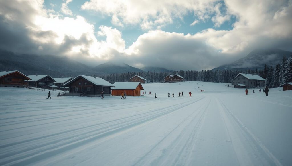 A picturesque winter landscape in Sälen, showcasing a snowy ski resort under dynamic weather conditions. In the foreground, pristine snow covers the ground, with ski tracks leading into the distance. The middle ground features charming wooden chalets and skiers in modest winter apparel, engaged in various activities. The background reveals the majestic mountains of Sälen, partially shrouded in swirling snowflakes, hinting at changing weather. The atmosphere is crisp and invigorating, with a soft, diffused light casting gentle shadows, enhancing the scene's tranquility. Shot on a Sony A7R IV with a 70mm lens, the image is sharply focused and clearly defined, utilizing a polarized filter to enhance the contrast of the snow and the sky, which is a mix of cloudy and clear patches.