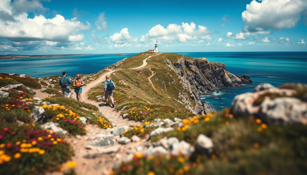 A scenic coastal hiking trail leading to the Skallen lighthouse on Marstrand, Sweden. The foreground features rocky terrain and patches of colorful wildflowers, with hikers dressed in modest casual clothing enjoying the path. In the middle ground, the winding trail hugs the coastline, offering glimpses of the turquoise sea and the distant lighthouse perched on a rocky promontory. The background showcases a clear blue sky with fluffy white clouds, casting soft shadows on the rugged cliffs. The atmosphere is serene and inviting, embodying the beauty of nature. The image is shot with a Sony A7R IV at 70mm, with sharp focus and vivid colors enhanced by a polarized filter, creating a captivating view that invites exploration.