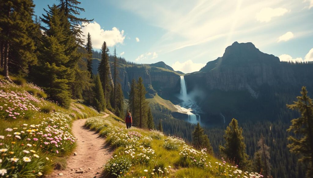 A scenic view ideal for hikers in Fulufjället Nationalpark, featuring lush green valleys and rugged cliffs. In the foreground, a well-trodden hiking path lined with wildflowers leads towards a distant waterfall, sparkling in sunlight. The middle ground showcases towering pine trees and jagged rock formations leading up to Njupeskär, Sweden's highest waterfall, cascading with dramatic force. In the background, a clear blue sky with soft clouds creates an inviting atmosphere. The scene is captured with a Sony A7R IV at 70mm, using a polarized filter for enhanced colors and clarity. The lighting is bright and warm, evoking a sense of adventure and tranquility in the Swedish wilderness. A scenic view ideal for hikers in Fulufjället Nationalpark, featuring lush green valleys and rugged cliffs. In the foreground, a well-trodden hiking path lined with wildflowers leads towards a distant waterfall, sparkling in sunlight. The middle ground showcases towering pine trees and jagged rock formations leading up to Njupeskär, Sweden's highest waterfall, cascading with dramatic force. In the background, a clear blue sky with soft clouds creates an inviting atmosphere. The scene is captured with a Sony A7R IV at 70mm, using a polarized filter for enhanced colors and clarity. The lighting is bright and warm, evoking a sense of adventure and tranquility in the Swedish wilderness.