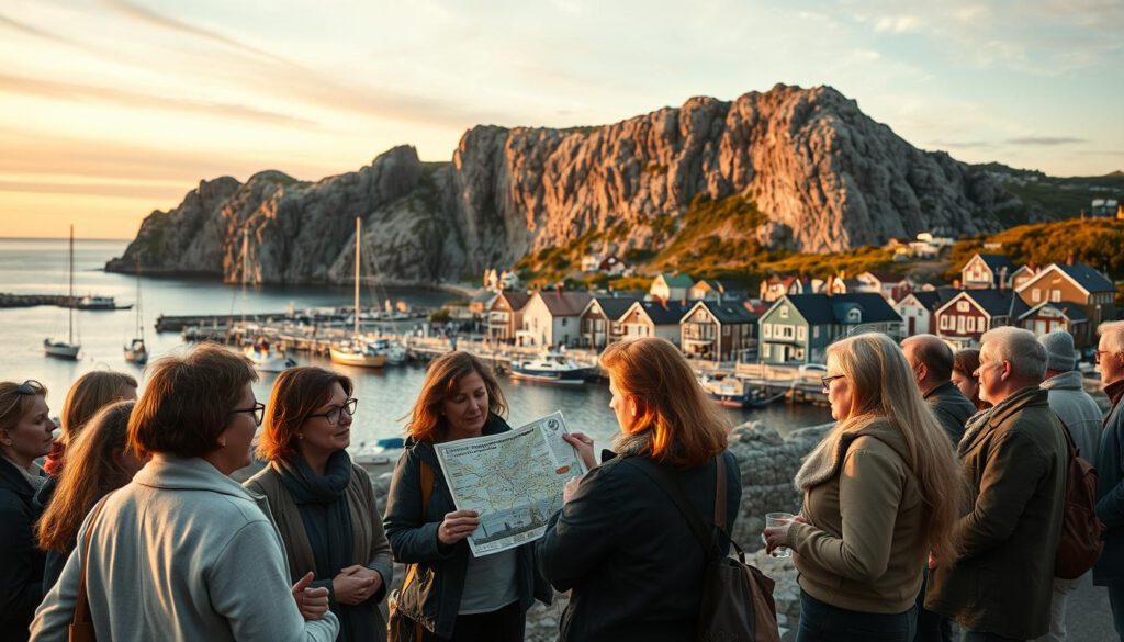 A scenic view of Fjällbacka, the picturesque setting of Camilla Läckberg's crime novels, during the golden hour. In the foreground, a group of enthusiastic crime fiction fans, dressed in casual, modest clothing, share their experiences while examining a map of the town's crime-related landmarks, with expressions of excitement and curiosity. The middle ground features charming, colorful seaside houses that reflect traditional Swedish architecture, with boats gently bobbing in the harbor. In the background, dramatic rocky cliffs rise under a pastel sky, creating a serene yet thrilling atmosphere, suggesting mystery and adventure. Captured with a Sony A7R IV at 70mm, the image is sharply defined and beautifully illuminated by warm, soft lighting, with a polarized filter enhancing the vivid colors.