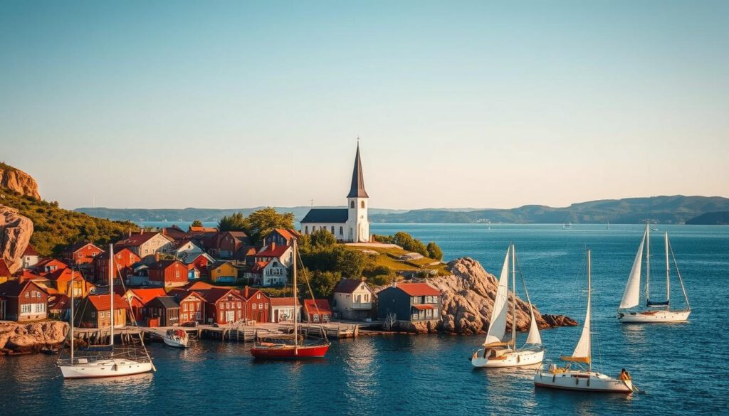A scenic view of Lysekil, Sweden, at the entrance to Gullmarsfjord, showcasing the vibrant coastal town with its charming wooden houses in warm, soft colors, nestled against rugged cliffs. In the foreground, sailboats gently bobbing on the calm, azure waters, reflecting the clear blue sky. The middle ground features the iconic Lysekil church rising majestically, surrounded by greenery, while the background reveals the expansive Gullmarsfjord extending into the horizon, with distant hills under a beautifully lit sunset. The scene is captured with a Sony A7R IV at 70mm, showcasing sharp details and a warm glow, enhanced by a polarized filter, evoking a serene and inviting atmosphere perfect for sailing adventures.