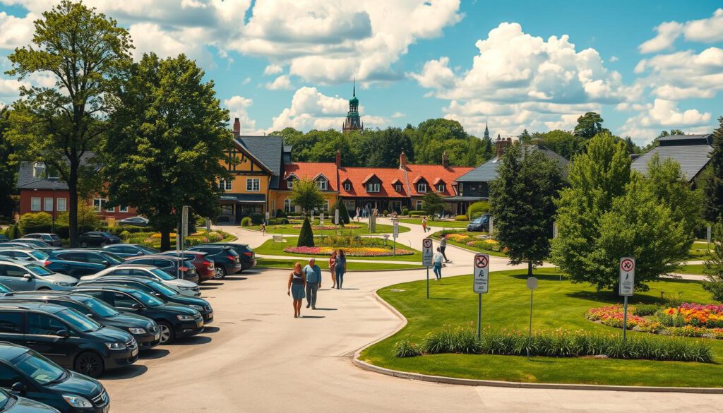 A scenic view of Skansen in Stockholm during a sunny day, showcasing the accessible parking areas and arrival pathways. In the foreground, neatly organized parking spots filled with vehicles, and well-marked signs guiding visitors. The middle ground features lush green park areas and visitors, dressed in light casual clothing, walking towards the entrance of the open-air museum, with vibrant Swedish architecture visible. In the background, the iconic rooftops of Skansen under a bright blue sky with fluffy white clouds add to the inviting atmosphere. Captured with a Sony A7R IV at 70mm, ensuring a clearly focused and sharply defined image, utilizing a polarized filter to enhance colors and contrast. The overall mood is welcoming and cheerful, perfect for visitors planning their journey.