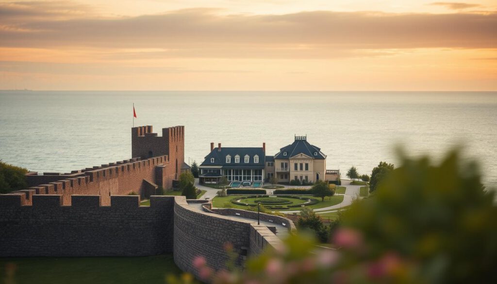 A scenic view of Varberg, featuring the historic Varberg Fortress prominently in the foreground, with its imposing stone walls and towers capturing the essence of history. In the middle ground, the elegant Kaltbadehaus stands with its refined architecture, surrounded by lush greenery and vibrant flowers, creating a serene wellness atmosphere. Soft waves gently lap against the shoreline in the background, with the expansive sky above painted in warm, golden hues of sunset, casting a peaceful glow over the scene. The tranquility of the moment is enhanced by the gentle light and sharp details captured by a Sony A7R IV at 70mm, using a polarized filter to enrich colors and contrast. Aim for a reflective and contemplative mood, evoking a sense of cultural appreciation and relaxation.