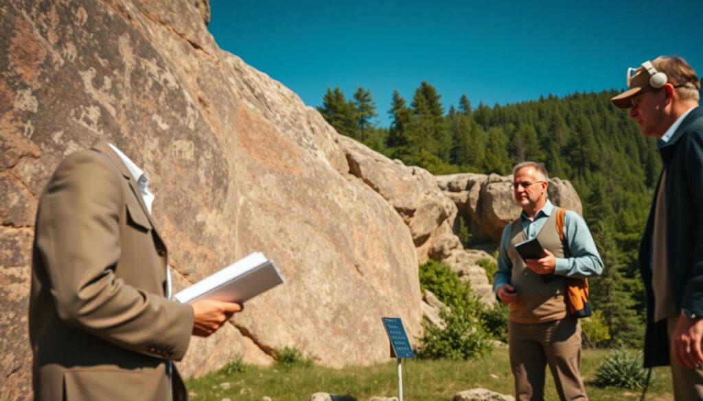 A scenic view of ancient petroglyphs in Tanum, Sweden, showcasing intricate rock carvings that depict Bronze Age life. In the foreground, a researcher in professional attire examines the glyphs with a notebook in hand, while another knowledgeable figure discusses findings. The middle ground features the rugged granite cliffs adorned with detailed carvings of animals and human figures, exemplifying scientific research and heritage. The background includes lush green forest and a clear blue sky, bathed in natural sunlight that highlights the textures of the stone. The image captures a sense of discovery and reverence, evoking a rich historical atmosphere. Shot on Sony A7R IV, 70mm, with a polarized filter for crisp clarity and vibrant colors. A scenic view of ancient petroglyphs in Tanum, Sweden, showcasing intricate rock carvings that depict Bronze Age life. In the foreground, a researcher in professional attire examines the glyphs with a notebook in hand, while another knowledgeable figure discusses findings. The middle ground features the rugged granite cliffs adorned with detailed carvings of animals and human figures, exemplifying scientific research and heritage. The background includes lush green forest and a clear blue sky, bathed in natural sunlight that highlights the textures of the stone. The image captures a sense of discovery and reverence, evoking a rich historical atmosphere. Shot on Sony A7R IV, 70mm, with a polarized filter for crisp clarity and vibrant colors.