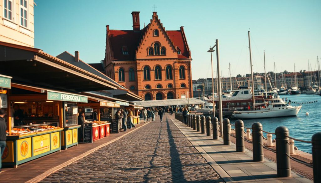 A scenic view of the journey to Feskekörka in Gothenburg, capturing the charm of the bustling waterfront streets. In the foreground, a cobbled path leads towards a traditional Swedish market, lined with vibrant stalls selling fresh seafood. In the middle ground, the majestic Feskekörka building looms, its unique architecture resembling a gothic church with arched windows and a distinctive roof. The background features a serene harbor with boats bobbing gently in the water under a clear blue sky. Shot with a Sony A7R IV at 70mm, the image is clearly focused and sharply defined. Soft natural lighting enhances the atmosphere, suggesting a sunny day, while a polarized filter adds depth to the colors, evoking a lively but peaceful mood suitable for a travel piece.