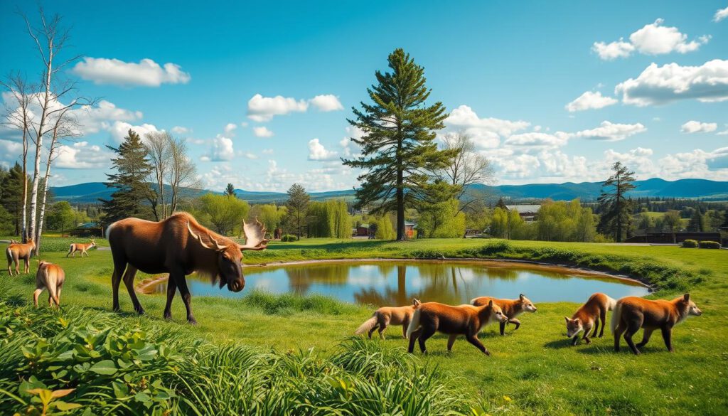 A serene Scandinavian wildlife park scene featuring native animals such as reindeer, moose, and Arctic foxes in their natural habitats. In the foreground, a majestic moose grazes on lush greenery, while playful Arctic foxes frolic nearby. The middle ground showcases a clear pond reflecting the sky, surrounded by birch and pine trees, creating a lush green atmosphere. In the background, rolling hills and distant mountains create a picturesque horizon under a bright blue sky with fluffy white clouds. The lighting is bright and natural, capturing the vibrant colors of the animals and scenery. Shot on a Sony A7R IV with a 70mm lens, the image is clearly focused, sharply defined, and enhanced with a polarized filter to emphasize the beauty of the landscape. The mood is peaceful and inviting, ideal for illustrating the charm of the Skansen animal park.