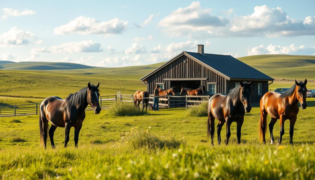 A serene Swedish equestrian farm showcases a picturesque landscape with lush green pastures. In the foreground, a group of well-groomed Icelandic horses graze calmly, their distinctive gaits evident. In the middle ground, a charming wooden stable with a rustic design houses safely tethered horses and is surrounded by vibrant wildflowers. Equestrians in modest casual clothing, engaged in friendly interaction with the horses, add a lively touch to the scene. The background features rolling hills and a clear blue sky with soft white clouds, creating a peaceful atmosphere. The lighting is warm and inviting, reminiscent of the golden hour, lending depth and clarity to the image. Shot on a Sony A7R IV at 70mm with a polarized filter, ensuring a crisp, high-definition representation.