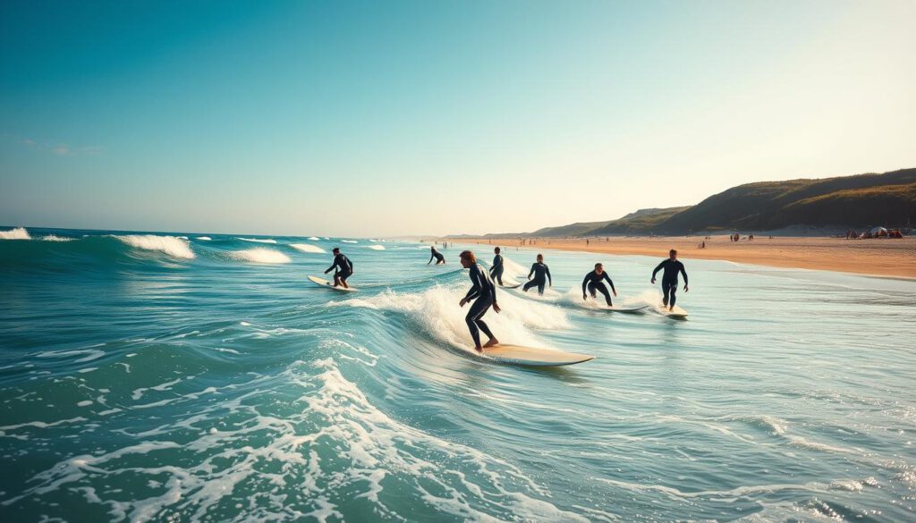 A serene and dynamic scene at Apelviken beach during a sunny day, capturing surfers riding gentle waves. In the foreground, a group of surfers in modest wetsuits cheerfully navigate the turquoise water, their boards skillfully angled. The middle ground showcases rolling waves with splashes of white foam, creating a lively ambiance. The background features the sandy beach dotted with sunbathers and beachgoers enjoying the sun, flanked by lush green dunes and coastal vegetation. The image is shot with a Sony A7R IV at 70mm, using a polarized filter to enhance the vivid colors and contrast. The lighting is bright and warm, evoking a cheerful, uplifting atmosphere, perfect for illustrating the vibrant surf culture of Halmstad.