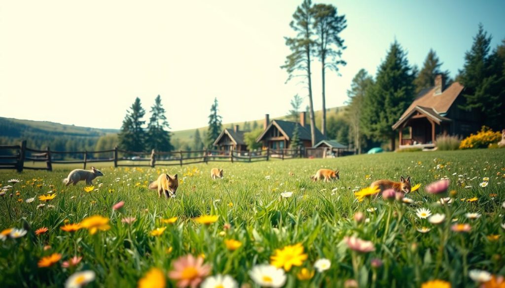 A serene and vibrant scene showcasing the flora and fauna of Skansen, Stockholm. In the foreground, a variety of native Swedish wildflowers, such as buttercups and daisies, bloom colorfully around a lush, green meadow. Scattered among the flowers are small, playful animals like red foxes and rabbits, illustrating the wildlife in the open-air museum. The middle ground features a rustic wooden fence and traditional Swedish cottages, surrounded by tall birch and pine trees, creating a cozy atmosphere. In the background, soft rolling hills under a clear blue sky enhance the tranquil setting. Capture this image with a Sony A7R IV at 70mm, ensuring clear focus and sharp definition with a polarized filter to enhance the colors and contrast, evoking a peaceful and inviting mood.
