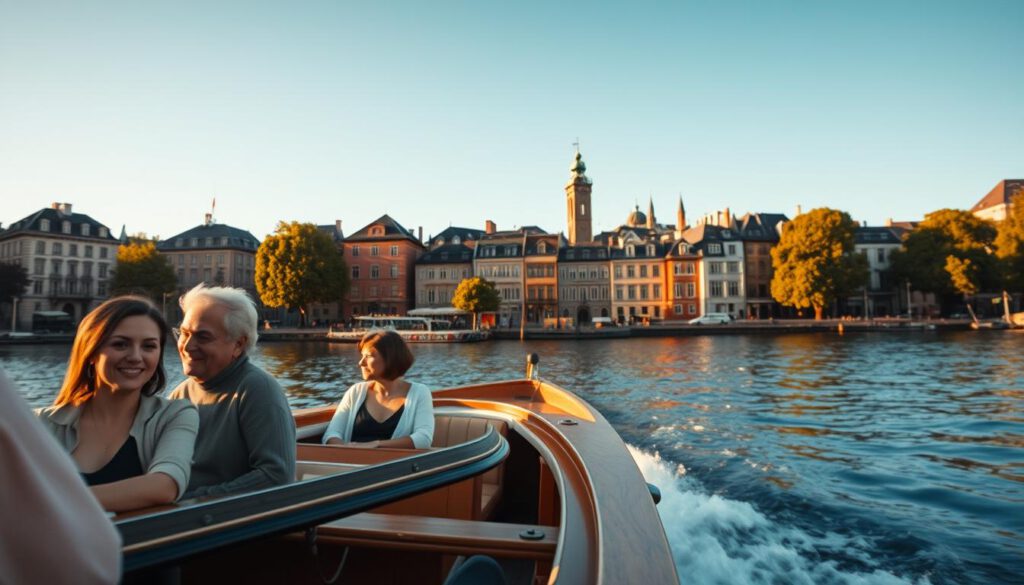 A serene boat tour through the picturesque waterways of Stockholm, capturing the unique atmosphere of the city. In the foreground, a small boat glides smoothly across the calm water, with people wearing casual yet stylish outfits, smiling and enjoying the views. The middle ground features beautiful, historic buildings with distinct Swedish architecture, framed by lush greenery reflecting their vibrant colors on the water's surface. In the background, the iconic skyline of Stockholm rises against a clear blue sky, with soft, golden sunlight creating warm highlights on the structures. The scene is shot with a Sony A7R IV at 70mm, providing a sharp focus on the details, while a polarized filter enhances the colors and contrasts, contributing to a tranquil and inviting mood. The overall atmosphere is peaceful and joyful, capturing the essence of a delightful day on the water.