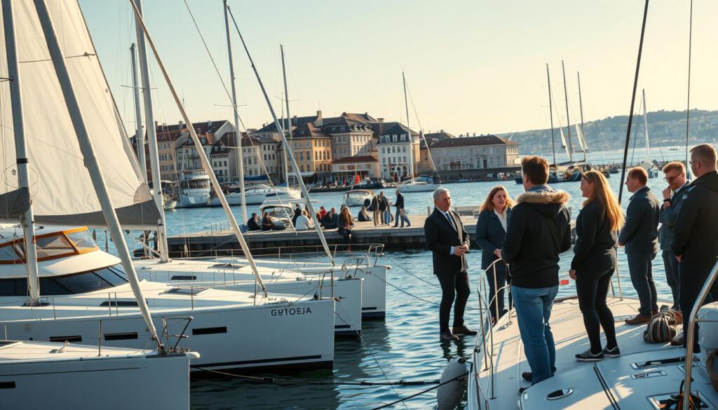 A serene coastal view of Göteborg, showcasing a lively yacht charter and sailing school scene. In the foreground, several sleek yachts are docked at the marina, their sails gently billowing in the breeze. On the right, a group of diverse individuals in professional sailing attire participates in a lesson, listening intently to an instructor with a friendly demeanor. In the middle ground, the vibrant waterfront with cafés and shops bustles with activity, framing the scene. The background features picturesque Swedish architecture and the sparkling blue waters of the harbor, with a few sailboats gliding gracefully. The late afternoon sunlight casts a warm, golden glow over the entire scene. Shot on a Sony A7R IV at 70mm, with a sharply defined focus and a polarized filter to enhance colors and reduce glare.