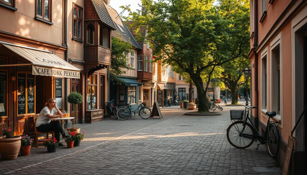 A serene corner of Haga, Göteborg, showcasing a charming cobblestone street lined with quaint cafés and antique shops. In the foreground, a small outdoor café featuring patrons in casual clothing enjoying their beverages, surrounded by vibrant flowerpots. The middle ground captures the rustic architecture of the buildings, with warm, inviting colors and detailed wooden facades. A few bicycles are parked beside the sidewalk, adding to the leisurely vibe. In the background, lush green trees softly frame the scene, hinting at a quiet park area. The lighting is warm and golden, reflecting a late afternoon sun, creating soft shadows and highlighting the textures of the scene. Shot using a Sony A7R IV at 70mm, ensuring clear focus and sharp definition with a polarized filter for enhanced colors. The overall mood is calm and inviting, perfect for illustrating a tranquil atmosphere. A serene corner of Haga, Göteborg, showcasing a charming cobblestone street lined with quaint cafés and antique shops. In the foreground, a small outdoor café featuring patrons in casual clothing enjoying their beverages, surrounded by vibrant flowerpots. The middle ground captures the rustic architecture of the buildings, with warm, inviting colors and detailed wooden facades. A few bicycles are parked beside the sidewalk, adding to the leisurely vibe. In the background, lush green trees softly frame the scene, hinting at a quiet park area. The lighting is warm and golden, reflecting a late afternoon sun, creating soft shadows and highlighting the textures of the scene. Shot using a Sony A7R IV at 70mm, ensuring clear focus and sharp definition with a polarized filter for enhanced colors. The overall mood is calm and inviting, perfect for illustrating a tranquil atmosphere.