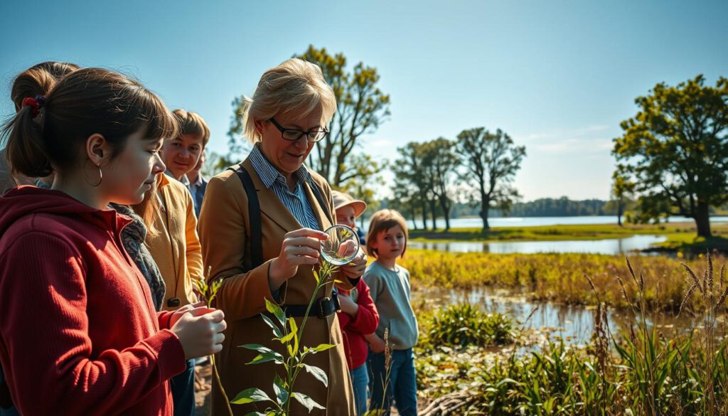 A serene educational scene in the Vattenriket biosphere, portraying a diverse group of adults and children engaged in hands-on environmental education activities. In the foreground, a teacher, dressed in professional attire, demonstrates the local flora with a magnifying glass, as fascinated students observe. The middle ground features a picturesque wetland landscape, filled with native plants and tranquil water, while the background boasts the silhouettes of lush trees under a bright blue sky. The warm sunlight creates a welcoming atmosphere, accentuating the vibrant colors of the scene. Shot on a Sony A7R IV with a 70mm lens, the image is clearly focused and sharply defined, using a polarized filter to enhance the clarity and depth of the environment.