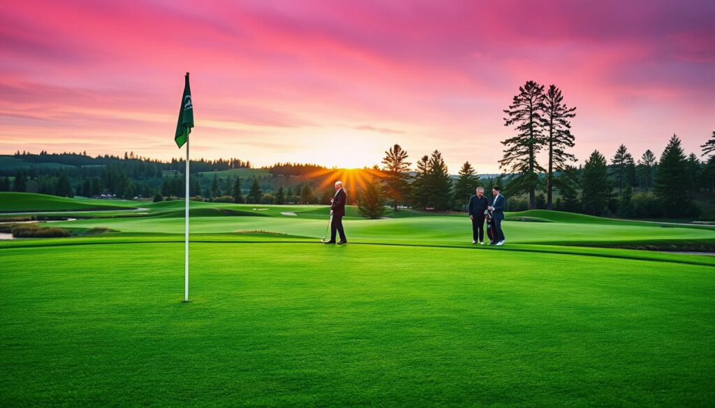 A serene golf course in Sweden during the enchanting twilight hours, showcasing lush green fairways and glistening water hazards. In the foreground, a well-maintained green with a flag gently fluttering in the evening breeze. Mid-ground features a group of enthusiastic golfers, dressed in professional business attire, discussing their strategy, with golf bags filled with clubs beside them. In the background, rolling hills and tall pine trees under a vibrant orange and purple sky, indicative of midnight sun, create a tranquil and inviting atmosphere. Captured with a Sony A7R IV at 70mm, the image is sharply defined, with clear focus and enhanced colors thanks to a polarized filter, evoking the excitement of planning a golf vacation in this stunning Scandinavian landscape.