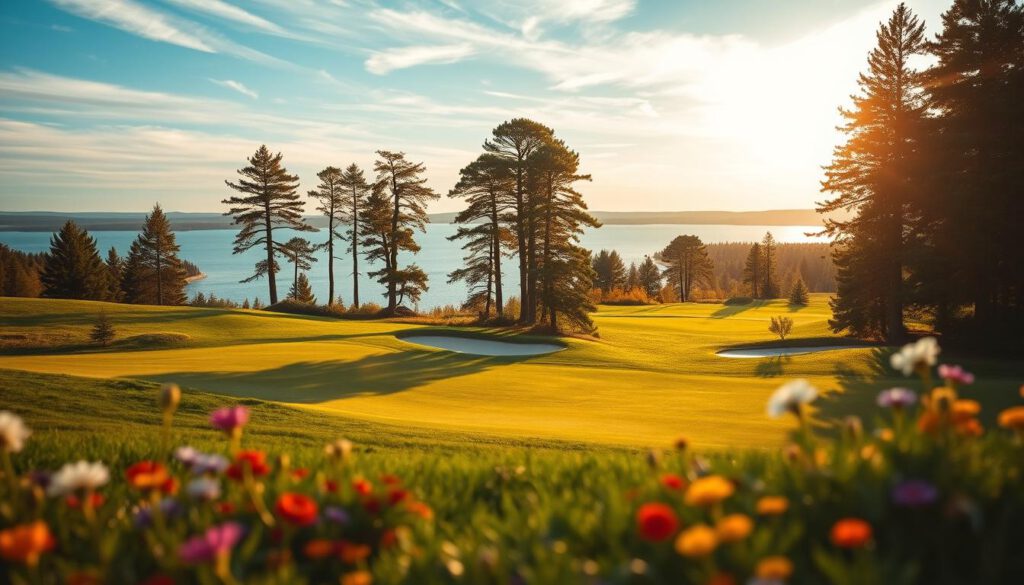 A serene golf course in unspoiled Swedish nature, with lush greenery and vibrant wildflowers in the foreground. The gentle slopes of a rolling landscape frame the middle ground, where a pristine golf green, dotted with strategically placed sand traps and water hazards, is bathed in warm, golden sunlight. Towering pine trees and a crystal-clear lake stretch out towards the horizon, creating a breathtaking backdrop. The sky is a soft blue with wisps of clouds, suggesting a perfect day for golfing. The scene captures a tranquil, inviting atmosphere, reflecting the beauty and peace of Sweden's untouched nature. Shot with a Sony A7R IV at 70mm, with a polarized filter for enhanced clarity and color depth.