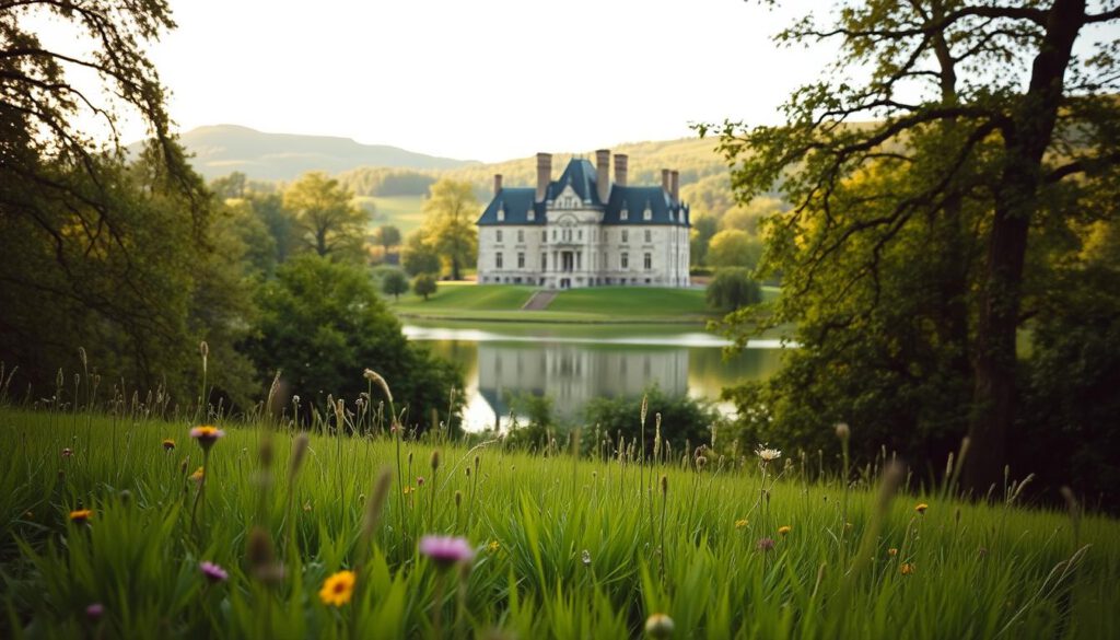 A serene landscape of Mariefred showcasing Schloss Gripsholm amidst lush nature. In the foreground, vibrant green grass dotted with wildflowers leads to the castle’s impressive stone façade, framed by mature trees. The middle ground features a tranquil lake reflecting the castle and surrounding greenery, creating a peaceful atmosphere. In the background, rolling hills provide a soft contrast to the sharp details of the castle and the vibrant environment. The scene is illuminated by soft, golden hour sunlight, enhancing the colors and providing a warm glow. Shot with a Sony A7R IV at 70mm, the image is sharply defined with a polarized filter, capturing the tranquil mood of this beautiful location in Mariefred. No people or text are present in the image.