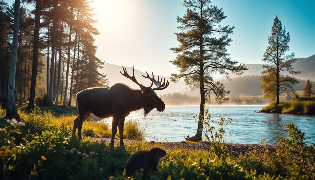 A serene landscape of the Dalälven river in Sweden, capturing the essence of wildlife observation. In the foreground, a majestic moose grazes near the water's edge, surrounded by lush green vegetation and wildflowers. A beaver can be seen building a dam, busy at work. The middle ground showcases the shimmering river, reflecting the clear blue sky. Towering pine trees and birches frame the scene, their leaves fluttering gently in the soft breeze. In the background, misty hills rise under the golden light of a late afternoon sun, creating a peaceful, enchanting atmosphere. The image is shot with a Sony A7R IV at 70mm, ensuring clear focus and sharp definition, enhanced by a polarized filter to enrich colors and contrast. The mood is tranquil and inviting, perfect for showcasing the natural beauty of the Dalälven region. A serene landscape of the Dalälven river in Sweden, capturing the essence of wildlife observation. In the foreground, a majestic moose grazes near the water's edge, surrounded by lush green vegetation and wildflowers. A beaver can be seen building a dam, busy at work. The middle ground showcases the shimmering river, reflecting the clear blue sky. Towering pine trees and birches frame the scene, their leaves fluttering gently in the soft breeze. In the background, misty hills rise under the golden light of a late afternoon sun, creating a peaceful, enchanting atmosphere. The image is shot with a Sony A7R IV at 70mm, ensuring clear focus and sharp definition, enhanced by a polarized filter to enrich colors and contrast. The mood is tranquil and inviting, perfect for showcasing the natural beauty of the Dalälven region.