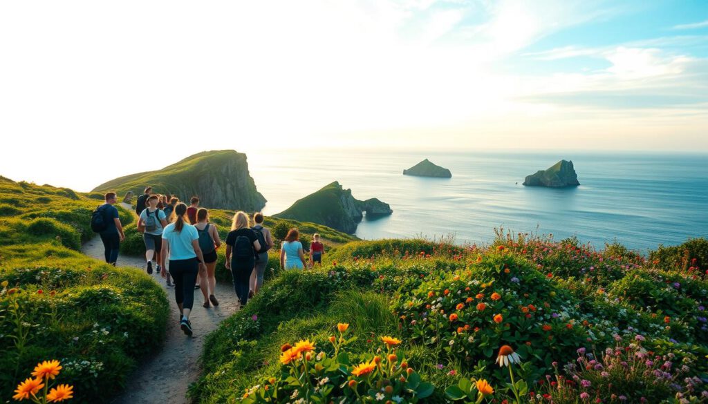 A serene landscape of the Koster Islands, showcasing a winding hiking trail surrounded by lush greenery and vibrant wildflowers in the foreground. A diverse group of hikers dressed in modest casual clothing walks along the path, enjoying the scenic views. In the middle ground, rocky cliffs overlook a tranquil sea, reflecting the soft glow of late afternoon sunlight. The sky is a mix of soft blues and warm oranges, hinting at a sunset. In the background, more islands are visible, their silhouettes framed by gentle waves. The scene is photographed with a Sony A7R IV at 70mm, ensuring a sharply defined focus, enhanced by a polarized filter to emphasize the colors and textures in the landscape, evoking a peaceful, adventurous atmosphere.