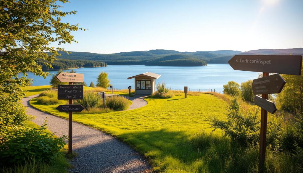 A serene landscape showcasing the Norra Lingenäset pathways and facilities, designed for nature enthusiasts. In the foreground, a well-kept gravel trail winds through lush greenery, with wooden signs indicating different hiking routes. The middle ground features a small, modern information center surrounded by flowering shrubs and trees, inviting visitors to explore further. The background presents a tranquil lake reflecting the clear blue sky, bordered by gentle hills and patches of dense forest. The scene is illuminated by warm, golden sunlight, creating a peaceful, inviting atmosphere. Capture the image using a Sony A7R IV at 70mm, ensuring clear focus and sharp definition, enhanced by a polarized filter to enrich colors and contrast.