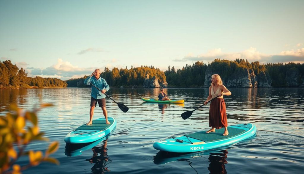 A serene scene capturing activities in Sweden while stand-up paddling in a picturesque lake setting. In the foreground, a diverse group of two adults, one man and one woman, both wearing modest casual clothing, are paddling on bright blue stand-up paddleboards, surrounded by lush greenery. In the middle ground, a couple of kayakers glide through calm waters, accompanied by clear reflections of vibrant trees and soft clouds. In the background, typical Swedish coastal scenery unfolds, with dramatic rocky outcrops and a hint of an idyllic archipelago under a golden hour sky, creating a warm and inviting atmosphere. Captured with a Sony A7R IV at 70mm, the image is sharply defined with a polarized filter enhancing the colors and details, bringing the soothing essence of Swedish nature to life.