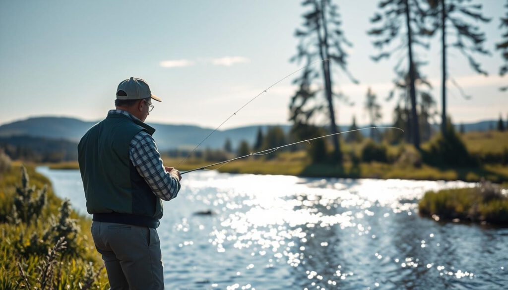 A serene scene depicting a novice fly fisher standing beside a pristine river in Sweden, specifically in the Norrbotten or Jämtland region. The foreground features a well-dressed individual wearing a fishing vest, intently casting their line with a fly rod into the shimmering water. In the middle ground, the river flows gently, surrounded by lush greenery and distant hills under a clear blue sky. The background includes tall trees framing the scene, creating a sense of tranquility. The lighting is soft, evoking an early morning glow, and the overall atmosphere conveys a peaceful and encouraging vibe for beginners. Shot on a Sony A7R IV at 70mm, the image is sharply defined, with a polarized filter enhancing the vibrant colors of nature.
