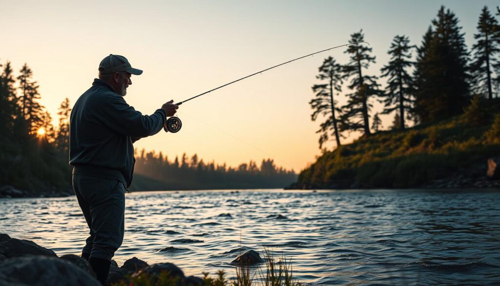 A serene scene depicting the best times for fly fishing in Sweden, showcasing a beautiful salmon river in Norrbotten or Jämtland during twilight. In the foreground, a skilled angler in modest casual clothing gracefully casts a line, their silhouette illuminated by soft, golden light from the setting sun. The middle ground features gentle ripples on the water reflecting warm hues, while lush greenery and rocky banks frame the river. In the background, majestic pine trees rise against a clear sky transitioning to dusk, adding depth to the scene. Capture this tranquil moment with a Sony A7R IV at 70mm, ensuring sharp focus and clarity, complemented by a polarized filter to enhance colors and contrast. The atmosphere should evoke a sense of calmness and anticipation, perfect for fishing enthusiasts.