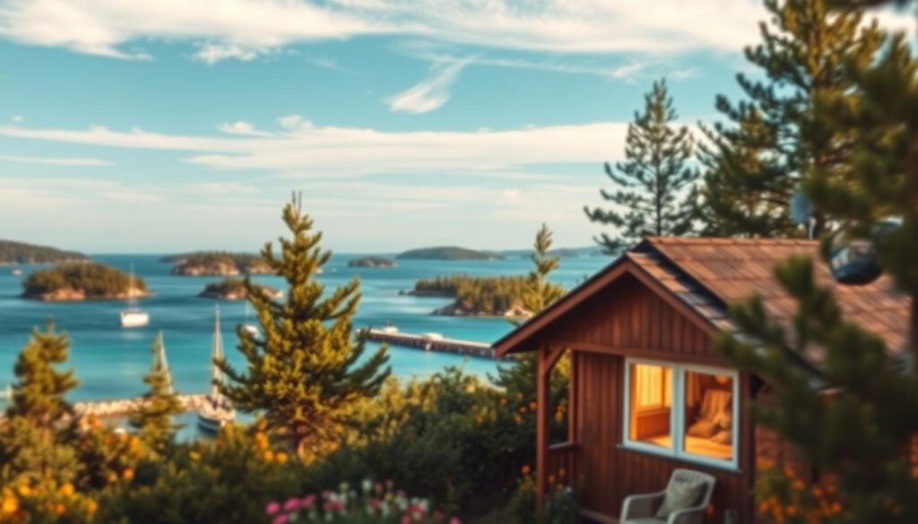 A serene scene of overnight accommodation options in the Stockholm Archipelago. In the foreground, a cozy wooden cabin with a warm glow from inside, tucked among lush green trees and colorful wildflowers. Across the middle ground, a small harbor with a few charming sailboats gently rocking on the crystal-clear water. In the background, picturesque islands dotted with pine trees and rocky shores, under a clear blue sky with soft, wispy clouds. The sunlight filters through the trees, creating a tranquil atmosphere. The image is captured with a Sony A7R IV at 70mm, clearly focused and sharply defined, using a polarized filter to enhance colors and contrasts, conveying a peaceful, inviting mood suitable for travelers seeking tranquility in nature. A serene scene of overnight accommodation options in the Stockholm Archipelago. In the foreground, a cozy wooden cabin with a warm glow from inside, tucked among lush green trees and colorful wildflowers. Across the middle ground, a small harbor with a few charming sailboats gently rocking on the crystal-clear water. In the background, picturesque islands dotted with pine trees and rocky shores, under a clear blue sky with soft, wispy clouds. The sunlight filters through the trees, creating a tranquil atmosphere. The image is captured with a Sony A7R IV at 70mm, clearly focused and sharply defined, using a polarized filter to enhance colors and contrasts, conveying a peaceful, inviting mood suitable for travelers seeking tranquility in nature.