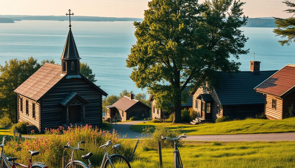 A serene scene showcasing the historical landmarks around Lake Siljan in Dalarna, Sweden. In the foreground, capture a picturesque old wooden church with striking architecture, surrounded by lush green trees and blooming wildflowers. The middle ground features traditional Swedish wooden cottages, reflecting the rich cultural heritage of the area, with bicycles parked nearby. In the background, the tranquil blue waters of Lake Siljan extend towards a tranquil horizon, with soft sunlight illuminating the landscape from a golden hour angle. Use a Sony A7R IV 70mm lens, ensuring a clearly focused and sharply defined image with a polarized filter to enhance colors. The atmosphere should evoke a sense of peaceful nostalgia and exploration, inviting viewers to experience the beauty of this historical setting.