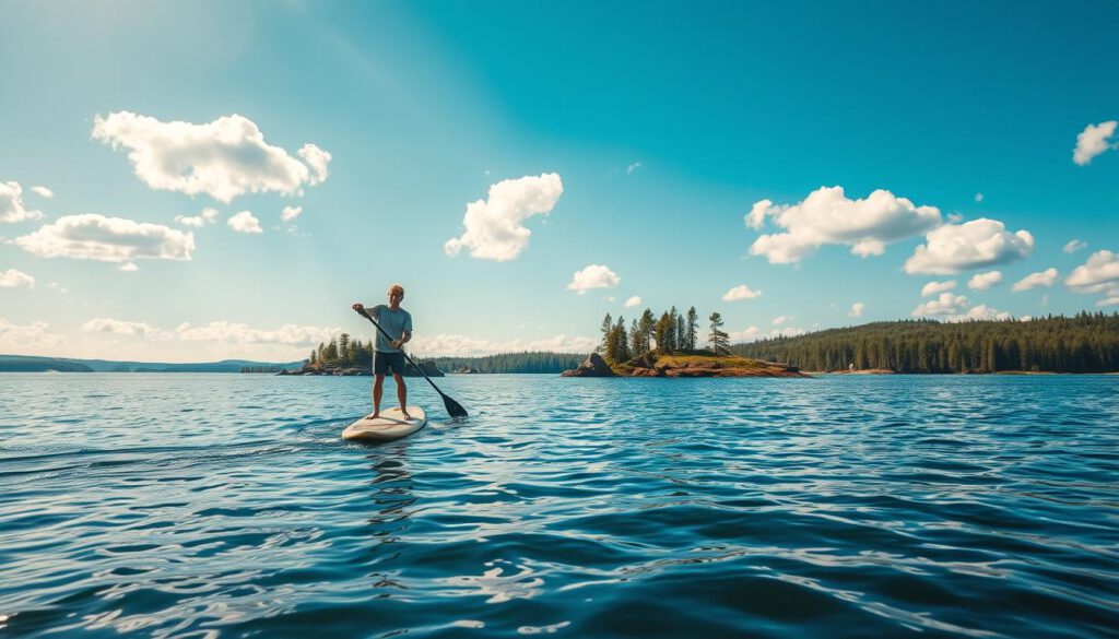 A serene summer scene in Luleå, Swedish Lappland, showcasing a stand-up paddleboarder gliding gently across calm, crystal-clear waters. In the foreground, a person in modest casual clothing is paddling, creating soft ripples around the board. The middle ground features a scattering of lush, green islands with rocky outcrops, surrounded by the tranquil lake, while the background displays a breathtaking skyline of pine forests under a bright blue sky with fluffy white clouds. The sunlight filters through the trees, casting dappled shadows on the water. Shot on a Sony A7R IV with a 70mm lens, the image is sharply defined, utilizing a polarized filter to enhance colors and reduce glare, capturing the idyllic mood of summer adventure in pristine nature.