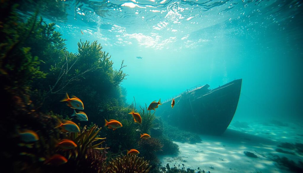 A serene underwater scene at Dalarö-Tauchpark, showcasing a vibrant marine environment filled with rich aquatic life. In the foreground, a school of colorful fish swims through lush underwater vegetation, while the midground features a sunken shipwreck, partially covered in marine growth, creating an intriguing contrast. The background reveals soft, diffused sunlight filtering through the water, illuminating particles and casting ethereal light patterns across the sandy bottom. The overall atmosphere is tranquil and enchanting, inviting viewers to explore this underwater wonder. Shot with a Sony A7R IV at 70mm, ensuring clear focus and sharp details. Utilize a polarized filter to enhance colors and reduce glare, emphasizing the beauty of this unique diving location.
