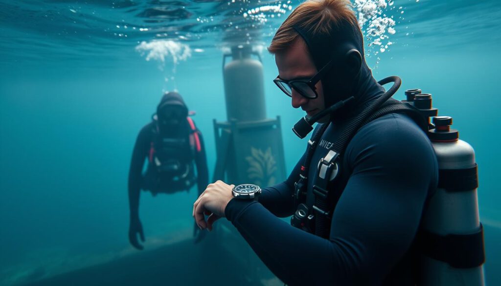 A serene underwater scene depicting a diver preparing for cold water diving in Sweden. In the foreground, a diver in a sleek, professional wetsuit meticulously adjusting temperature settings on their diving watch, showcasing a focused expression. The middle ground features a detailed underwater diving gear setup, including a wetsuit, dive computer, and oxygen tank, reflecting meticulous preparation. In the background, the murky depths of the Baltic Sea with hints of shipwrecks and aquatic life subtly visible. The lighting is soft and filtered, mimicking natural underwater illumination, providing a calm yet adventurous atmosphere. The image is shot with a Sony A7R IV at 70mm, giving a sharp, detailed focus, with a polarized filter enhancing the colors and reducing reflections.