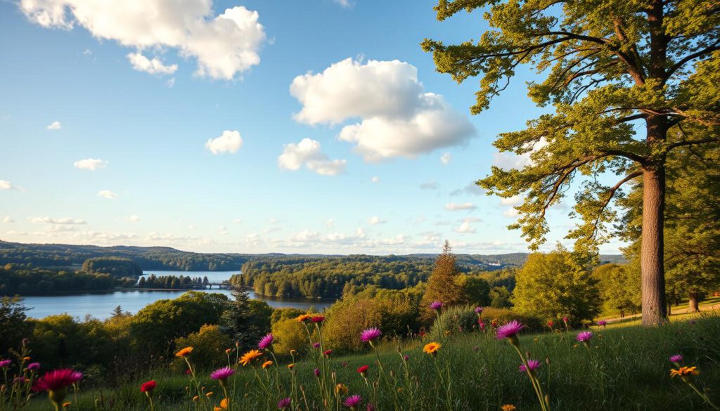 A serene view of Djurgården, Stockholm, showcasing its natural beauty. In the foreground, a lush green park with vibrant wildflowers swaying gently in the breeze. The middle ground features a tranquil lake reflecting the surrounding trees, adding depth and calmness to the scene. The background is adorned with a mix of dense forests and gentle hills under a clear blue sky, with soft, fluffy clouds scattered above. Captured in warm, golden hour lighting to create a dreamy atmosphere, with sharp focus on the details, using a Sony A7R IV with a 70mm lens and a polarized filter for enhanced color saturation. The overall mood is peaceful and inviting, perfect for a nature retreat. A serene view of Djurgården, Stockholm, showcasing its natural beauty. In the foreground, a lush green park with vibrant wildflowers swaying gently in the breeze. The middle ground features a tranquil lake reflecting the surrounding trees, adding depth and calmness to the scene. The background is adorned with a mix of dense forests and gentle hills under a clear blue sky, with soft, fluffy clouds scattered above. Captured in warm, golden hour lighting to create a dreamy atmosphere, with sharp focus on the details, using a Sony A7R IV with a 70mm lens and a polarized filter for enhanced color saturation. The overall mood is peaceful and inviting, perfect for a nature retreat.