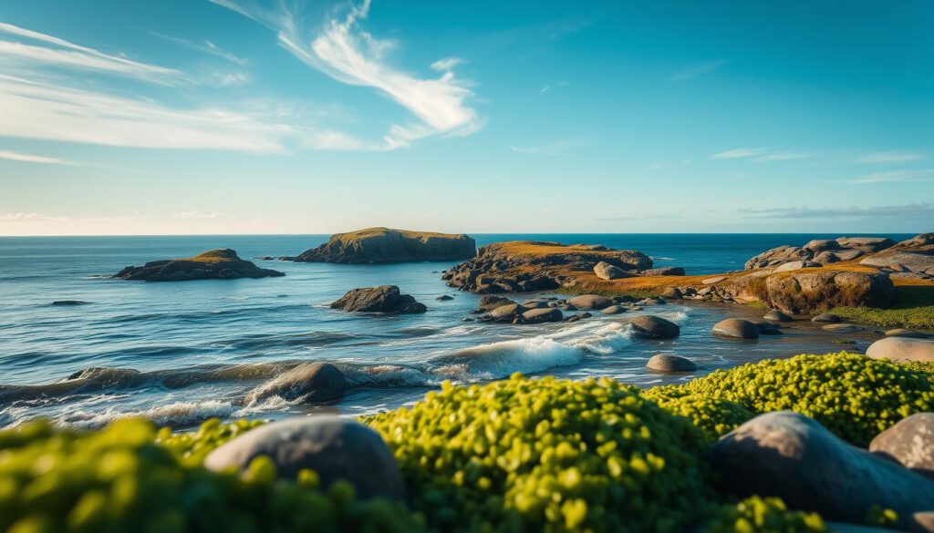 A serene view of Kosterhavet Nationalpark featuring its stunning coastal landscape. In the foreground, vibrant green seaweed and smooth rocks are softly illuminated by gentle waves lapping at the shore. The middle ground showcases clusters of rugged, rocky islands dotted with rich vegetation, while the background reveals a vast, tranquil sea merging with a clear blue sky. Wispy clouds add depth to the atmosphere. The image is captured with a Sony A7R IV at 70mm, with a polarized filter enhancing color vibrancy and reducing glare, creating a sharp and deeply defined scene. The overall mood is peaceful and rejuvenating, inviting viewers to experience the beauty of this unique national park. A serene view of Kosterhavet Nationalpark featuring its stunning coastal landscape. In the foreground, vibrant green seaweed and smooth rocks are softly illuminated by gentle waves lapping at the shore. The middle ground showcases clusters of rugged, rocky islands dotted with rich vegetation, while the background reveals a vast, tranquil sea merging with a clear blue sky. Wispy clouds add depth to the atmosphere. The image is captured with a Sony A7R IV at 70mm, with a polarized filter enhancing color vibrancy and reducing glare, creating a sharp and deeply defined scene. The overall mood is peaceful and rejuvenating, inviting viewers to experience the beauty of this unique national park.
