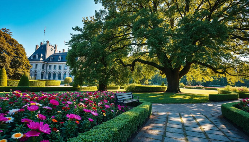 A serene view of Schlosspark Gripsholm in Mariefred, showcasing its lush greenery and elegant pathways. In the foreground, vibrant flower beds in full bloom, with meticulously trimmed hedges framing a picturesque stone pathway. The middle ground features a charming garden bench under a large, leafy tree, inviting visitors to relax. The magnificent silhouette of Schloss Gripsholm rises in the background, its Renaissance architecture harmonizing with the lush park environment. Soft, dappled sunlight filters through the tree branches, creating a warm, inviting atmosphere. Shot with a Sony A7R IV at 70mm, the image is sharply defined and vividly colored, enhancing the tranquil mood and natural beauty of the surroundings. A clear blue sky completes this idyllic scene.