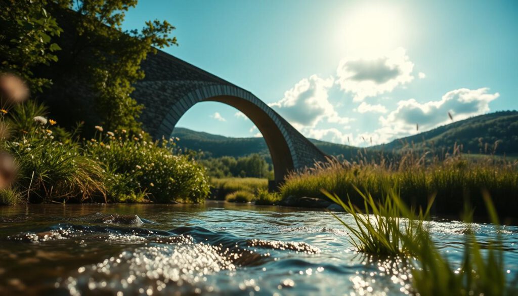 A serene view of Zollbrücke Falkenberg, nestled in a lush, green landscape, showcasing the bridge with its rustic architecture. In the foreground, a gentle flow of the Ätran river reflects sunlight, with soft ripples creating a sparkling effect. The middle ground features the bridge, elegantly arched, surrounded by wildflowers and tall grasses that sway in the breeze. In the background, rolling hills meet a clear blue sky, dotted with fluffy clouds, evoking a tranquil atmosphere. The lighting is warm, as if captured during golden hour, highlighting the textures of the stone and wood. Shot on a Sony A7R IV at 70mm with a polarized filter, the image is sharply defined and perfectly composed to convey a sense of hidden beauty and peaceful retreat.