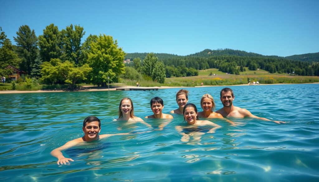 A serene view of swimming in the Siljan Lake, showcasing clear, turquoise water reflecting the blue sky. In the foreground, a group of cheerful individuals of diverse backgrounds are enjoying a refreshing swim, dressed in modest casual clothing. The middle ground features lush green trees lining the lake's sandy shores, with a small wooden dock extending into the water. In the background, the rolling hills of Dalarna can be seen, dotted with colorful wildflowers under a bright, sunny day. The scene is captured with a shallow depth of field, shot on a Sony A7R IV at 70mm, using a polarized filter to enhance color vibrancy. The atmosphere is joyful and vibrant, embodying the essence of leisure and nature.